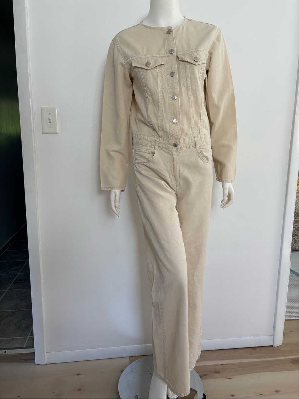 Zara Cream Long-Sleeve Utility Denim Jumpsuit